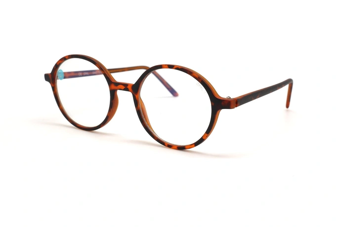 عینک کائوچویی گرد همراه عدسی بلوکنترل - عینک کامپیوتر آماده - رنگ قهوه ای هاوانا - عکس زاویه سه رخ