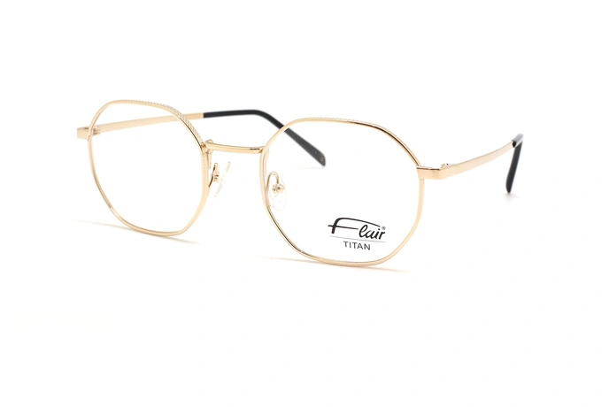 عینک طبی زنانه فلر فریم فلزی طلایی چندضلعی - عکس از زاویه سه رخ