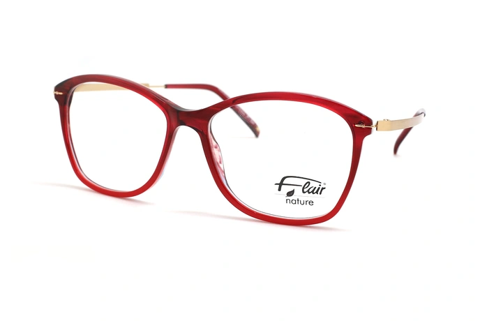 عینک طبی زنانه فلر فریم کائوچویی قرمز گربه ای دسته فلزی طلایی - عکس از زاویه سه رخ