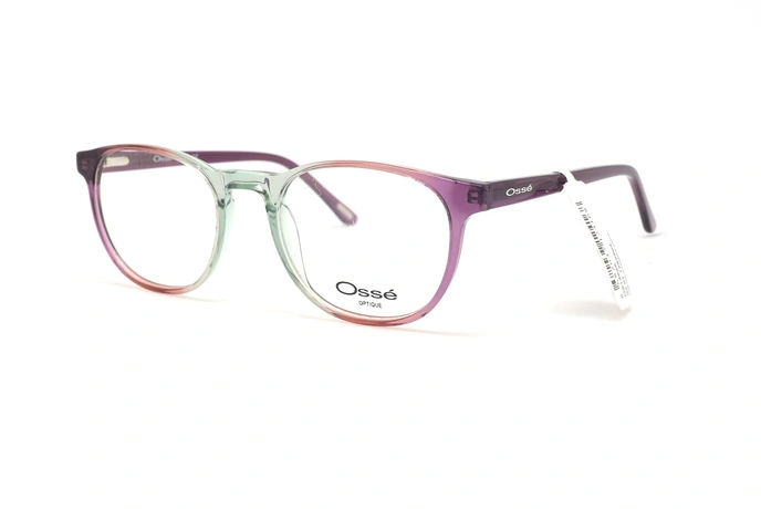 عینک طبی زنانه فریم بیضی کائوچویی اوسه - فریم سبز روشن، صورتی و بنفش با دسته های بنفش - عکس از زاویه سه رخ