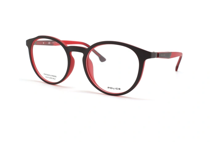 عینک طبی پلیس فریم کائوچویی گرد رنگ قرمز و مشکی - عکس از زاویه سه رخ