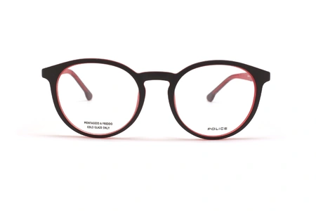 عینک طبی پلیس فریم کائوچویی گرد رنگ قرمز و مشکی - عکس از زاویه روبرو