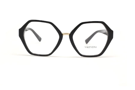 عینک طبی زنانه ولنتینو فریم کائوچویی چندضلعی مشکی، روی دسته V طلایی - عکس از زاویه روبرو