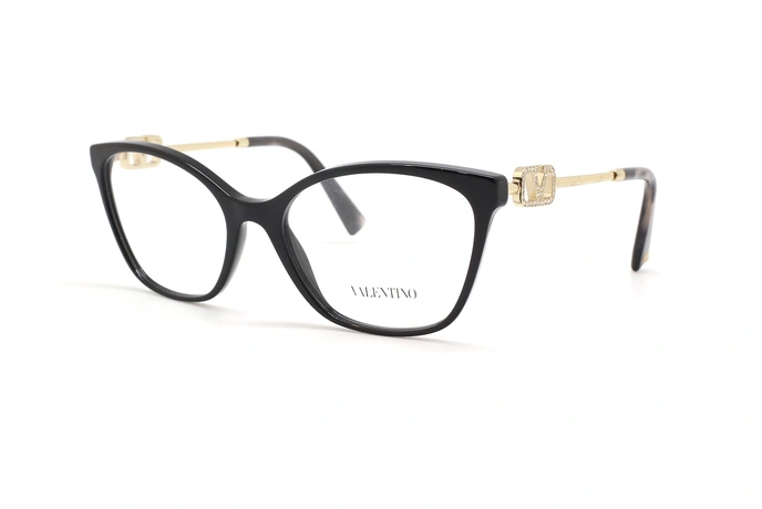 عینک طبی زنانه ولنتینو فریم کائوچویی گربه ای مشکی روی دسته V طلایی - عکس از زاویه سه رخ