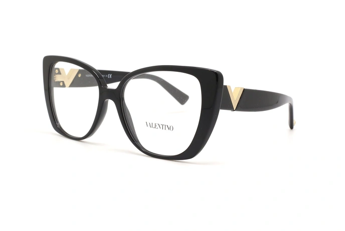 عینک طبی زنانه ولنتینو فریم کائوچویی گربه ای مشکی روی دسته V طلایی - عکس از زاویه سه رخ
