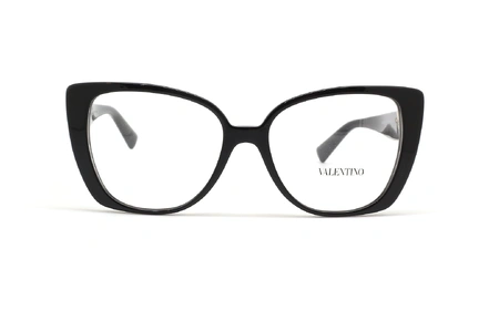 عینک طبی زنانه ولنتینو فریم کائوچویی گربه ای مشکی روی دسته V طلایی - عکس از زاویه روبرو