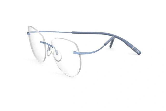 عینک طبی زنانه گریف سیلوئت شیپ IW گربه ای فریم TMA-THE ICON رنگ آبی و تیتانیوم - عکس از زاویه سه رخ