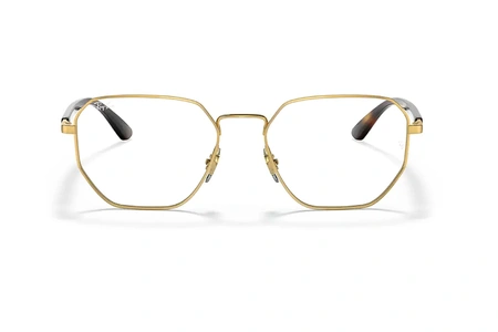 عینک طبی فلزی ری بن فریم چندضلعی رنگ طلایی با دسته های قهوه ای هاوانا - عکس از زاویه روبرو
