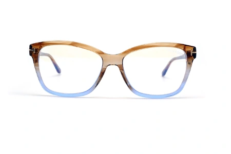 عینک طبی زنانه تام فورد فریم کائوچویی گربه ای دو رنگ بالا قهوه ای عسلی پایین آبی - عکس از زاویه روبرو