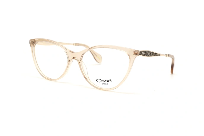 عینک طبی کائوچویی گربه ای زنانه اوسه فریم صورتی روی دسته ها طرح دارد- عکس از زاویه سه رخ 