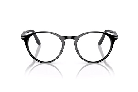 عینک طبی پرسول فریم کائوچویی گرد مشکی و روی دسته ها نماد پرسول رنگ نقره ای - عکس از زاویه روبرو
