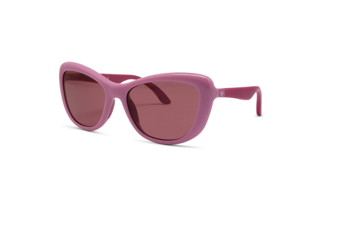 عینک آفتابی بچه گانه برند امپریو آرمانی-فریم گربه ای صورتی با دسته های قرمز و عدسی صورتی قهوه ای-عکس از زاویه سه رخ