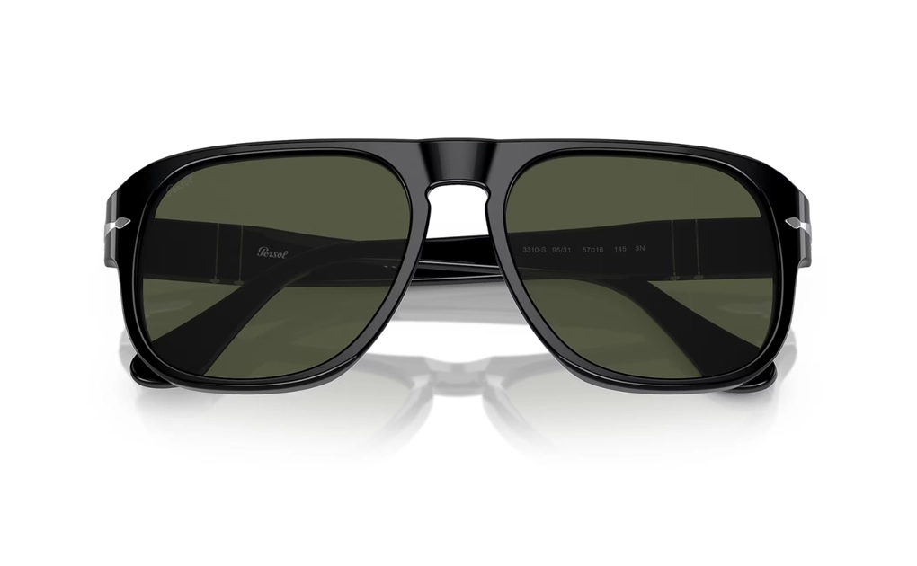 عینک آفتابی پرسول مدل PO3310-فریم مربعی بزرگ رنگ مشکی-عدسی سبز-عکس از زاویه بسته عینک