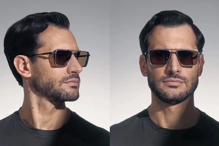 عینک آفتابی آکونی فلزی مستطیل شکل بدنه مشکی طلایی شیشه سبز زیتونی - عکس با مدل