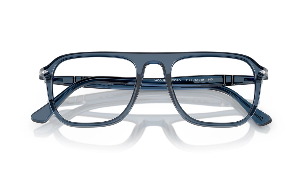 عینک طبی کائوچویی پرسول مدل PO3359V فریم مربعی آبی تیره شفاف-عکس از زاویه بسته عینک