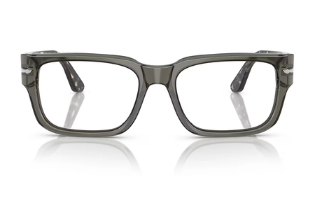 عینک طبی پرسول مدل PO3315V فریم کائوچویی مستطیلی طوسی شفاف با دسته های طوسی هاوانا-عکس از زاویه روبرو