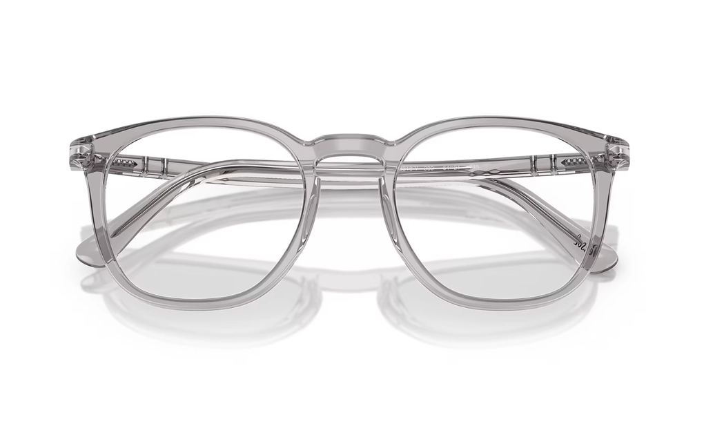عینک طبی مربعی پرسول مدل PO3318V فریم کائوچویی طوسی روشن شفاف-عکس از زاویه بسته عینک