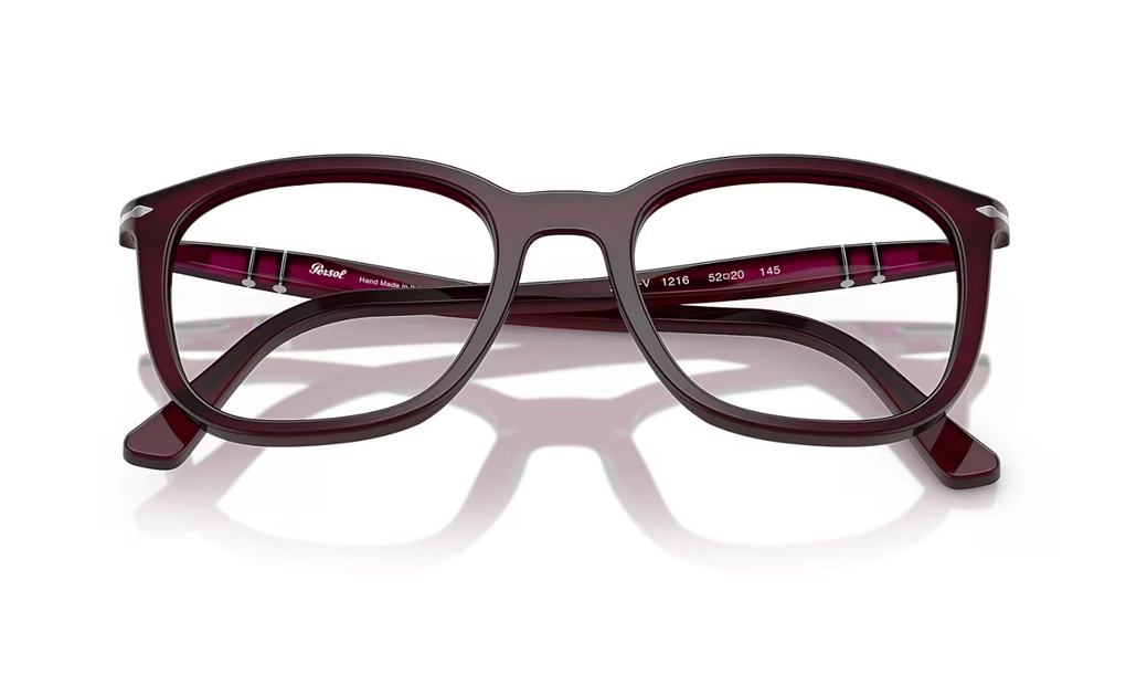 عینک طبی مربعی پرسول مدل PO3355V فریم کائوچویی زرشکی-عکس از زاویه بسته عینک