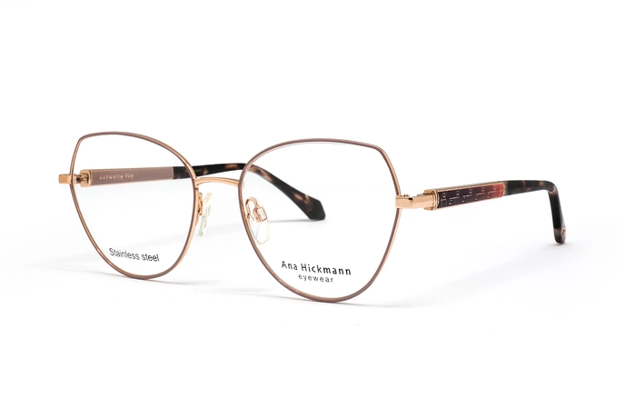 عینک طبی پروانه ای فلزی آنا هیکمن با فریم رز گلد و دسته های قهوه ای هاوانا  - عکس از زاویه سه رخ