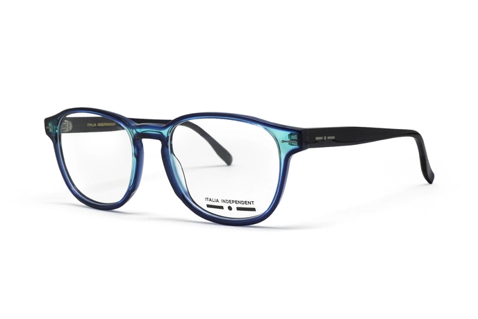 عینک طبی ایتالیانو ایندیپندنت با فریم مستطیل شکل کائوچویی آبی رنگ  - عکس از زاویه سه چهارم رخ