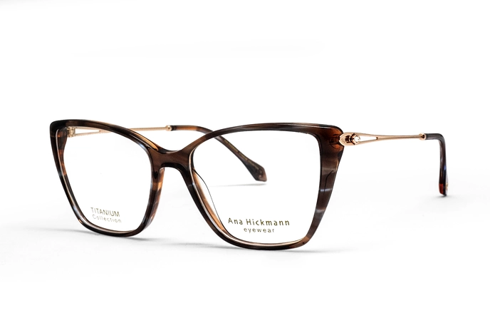 عینک طبی پروانه ای کائوچویی آنا هیکمن با فریم قهوه ای هاوانا و دسته های فلزی  - عکس از زاویه سه رخ