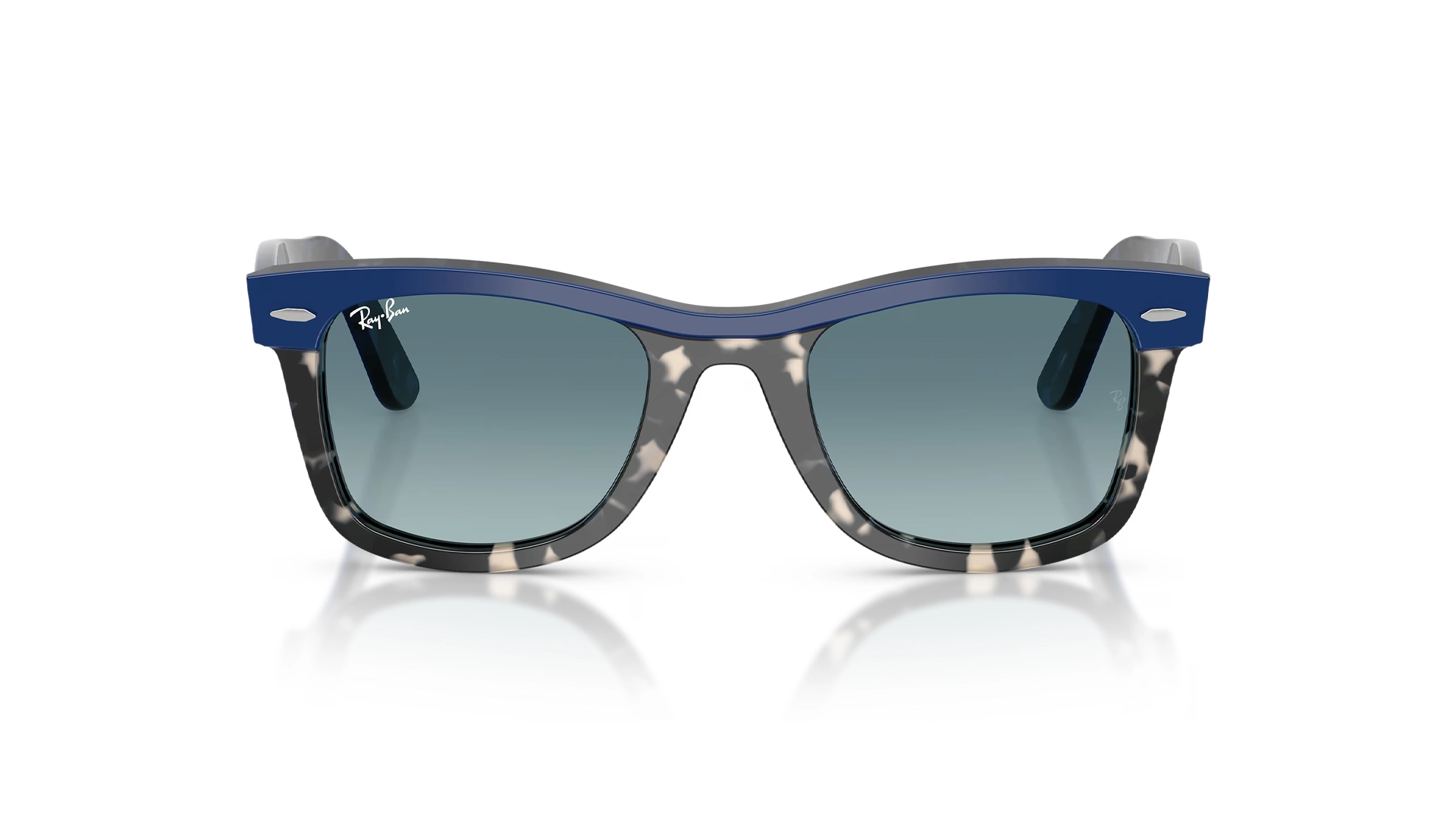 عینک آفتابی ویفرر ریبن RayBan RB2240 رنگ طوسی هاوانا با ابرویی آبی و عدسی آبی طیف دار -زاویه روبرو