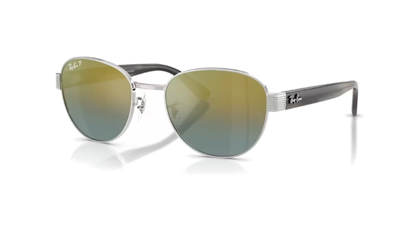 عینک آفتابی ری بن پلاریزه مدل Ray-Ban RB3766C-فریم فلزی با دسته کائوچو مقاوم رنگ فریم نقره به همراه عدسی جیوه ای طلایی آبی-عکس از زاویه سه رخ