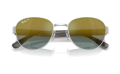 عینک آفتابی ری بن پلاریزه مدل Ray-Ban RB3766C-فریم فلزی با دسته کائوچو مقاوم رنگ فریم نقره به همراه عدسی جیوه ای طلایی آبی-عکس از زاویه بسته عینک