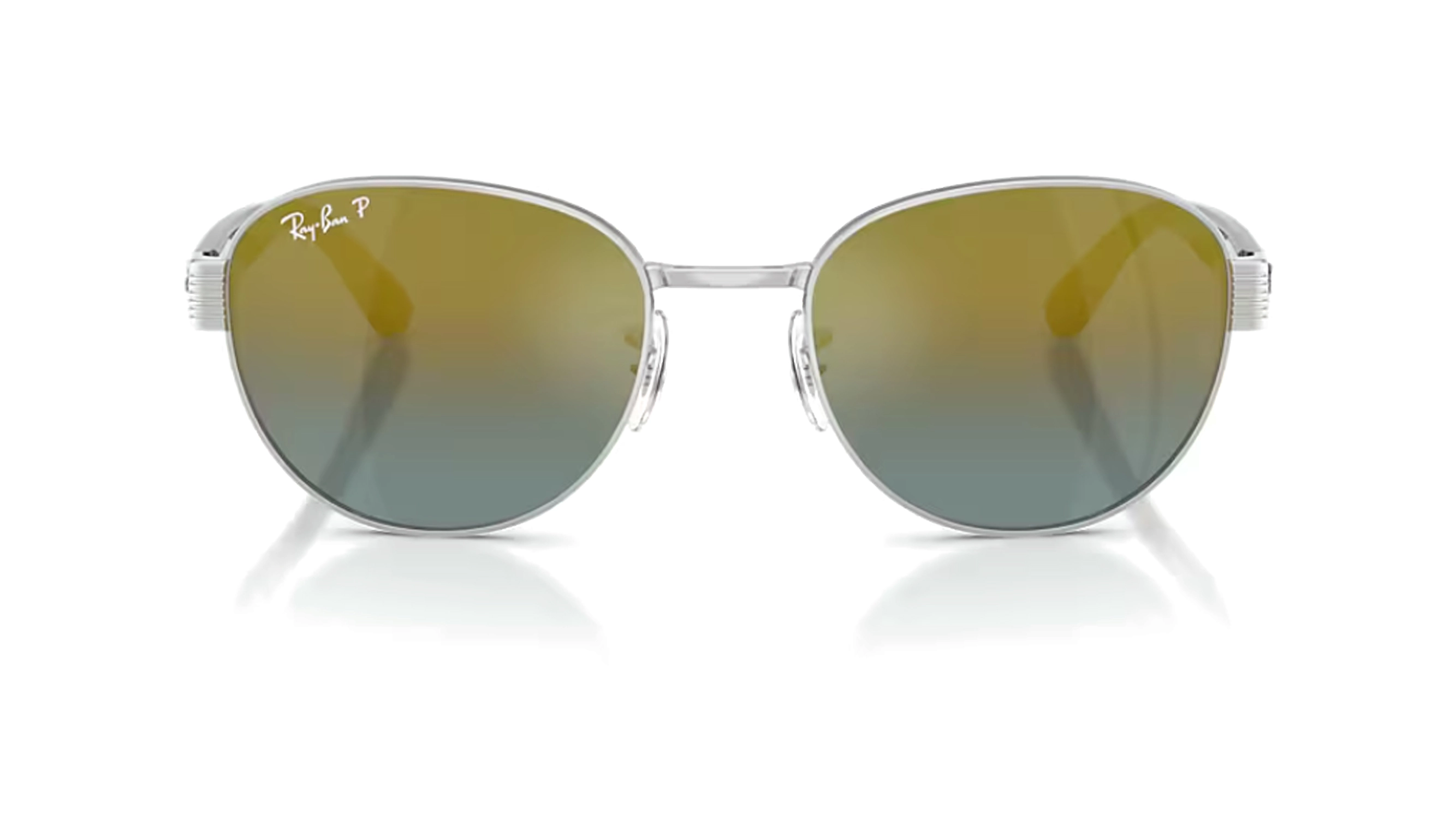 عینک آفتابی ری بن پلاریزه مدل Ray-Ban RB3766C-فریم فلزی با دسته کائوچو مقاوم رنگ فریم نقره به همراه عدسی جیوه ای طلایی آبی-عکس از زاویه روبرو