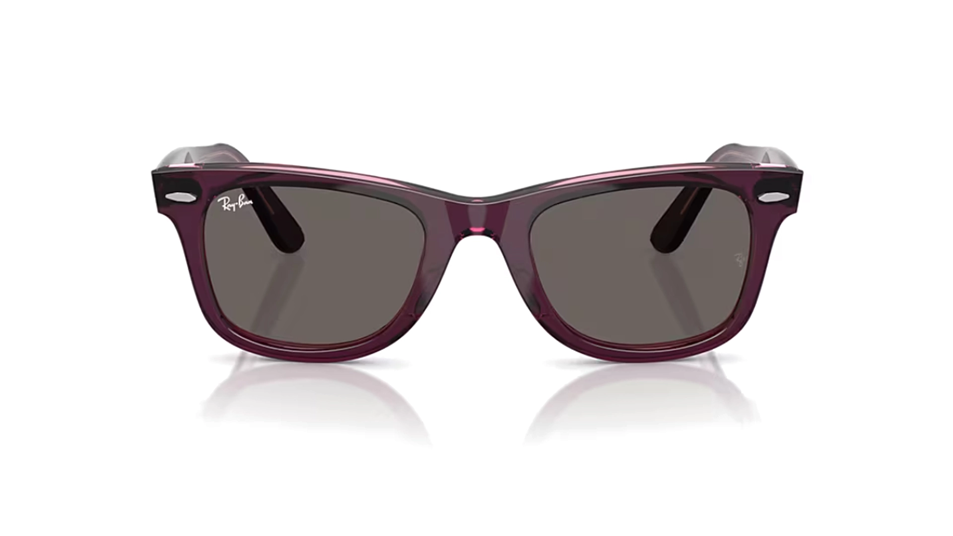عینک آفتابی ویفرر ری بن مدل ORIGINAL WAYFARER CLASSIC RB2140-فریم کائوچویی زرشکی و صورتی شفاف به همراه عدسی خاکستری تیره-عکس از زاویه روبرو