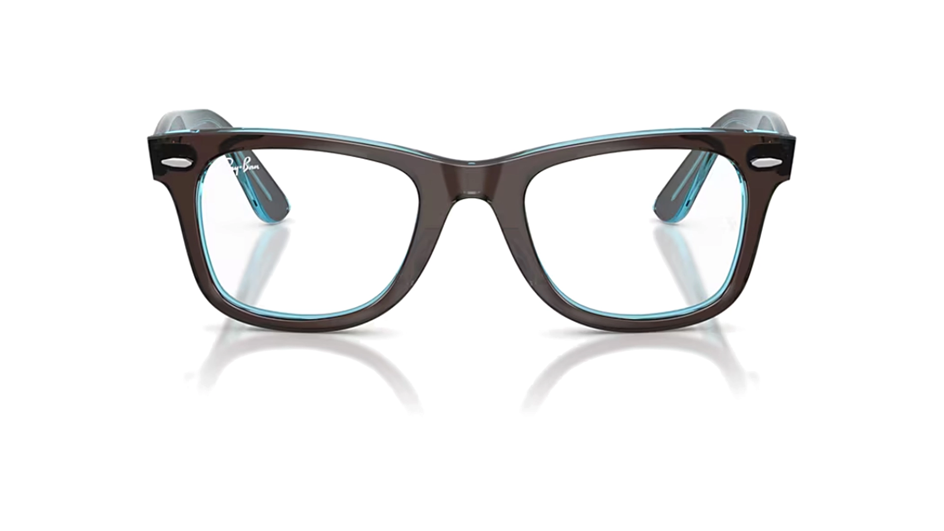 عینک طبی ری بن مدل WAYFARER EASE RB4340V-فریم کائوچویی ویفرر قهوه ای براق و آبی ترنسپرنت-عکس از زاویه روبرو