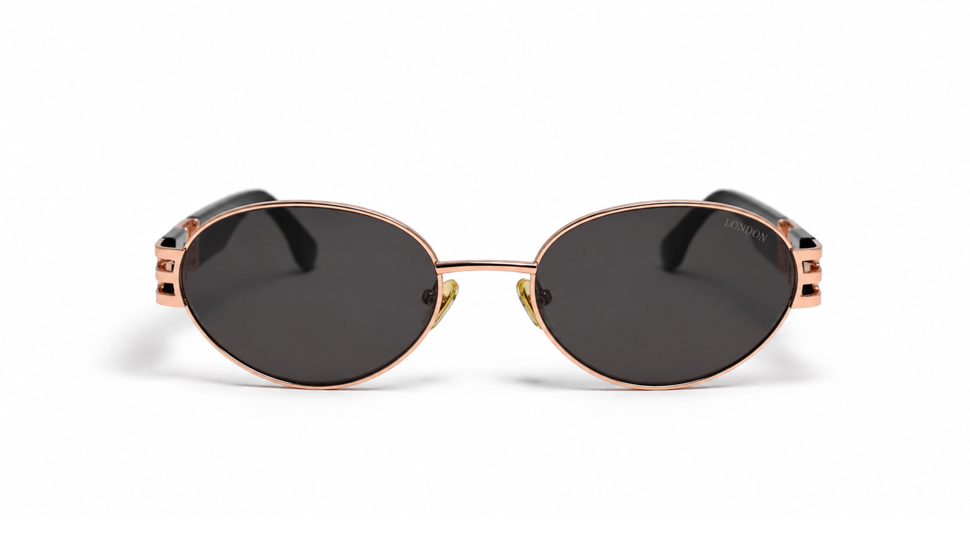 عینک آفتابی زنانه لندن اند لندن فریم فلزی طلایی گربه ای با دسته های کائوچویی سبز پهن-عکس از زاویه روبرو