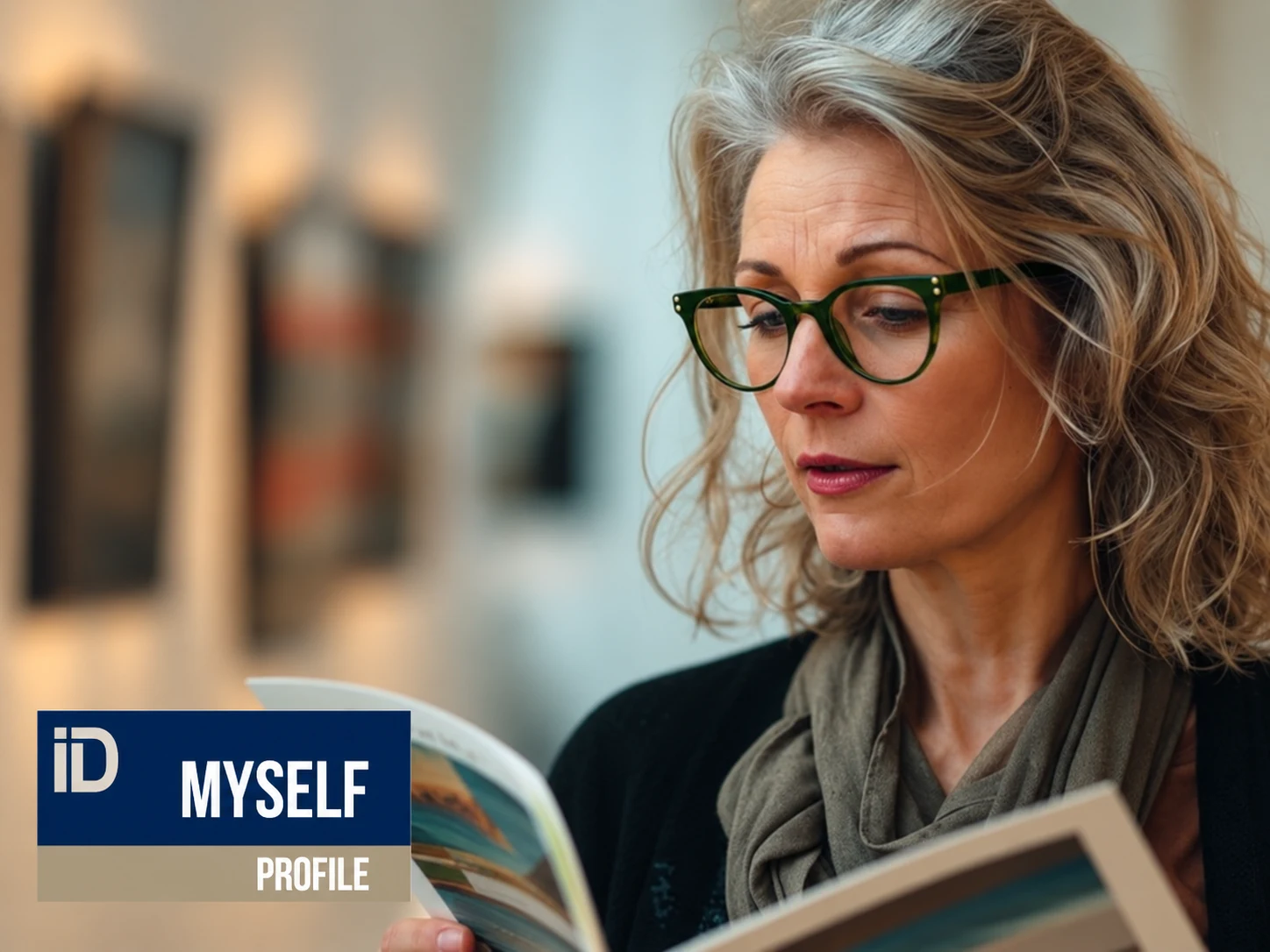 تصویر رسمی هویا برای MySelf Profile؛ مطالعه بروشور در موزه، همراه نشان مدل در پایین چپ